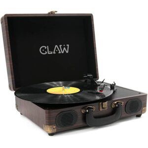 CLAW Stag Portable Vinyl Record Player Turntable with Built-in Stereo Speakers (Brown Wood)