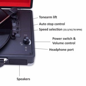 CLAW Stag Portable Vinyl Record Player Turntable with Built-in Stereo Speakers (Black)